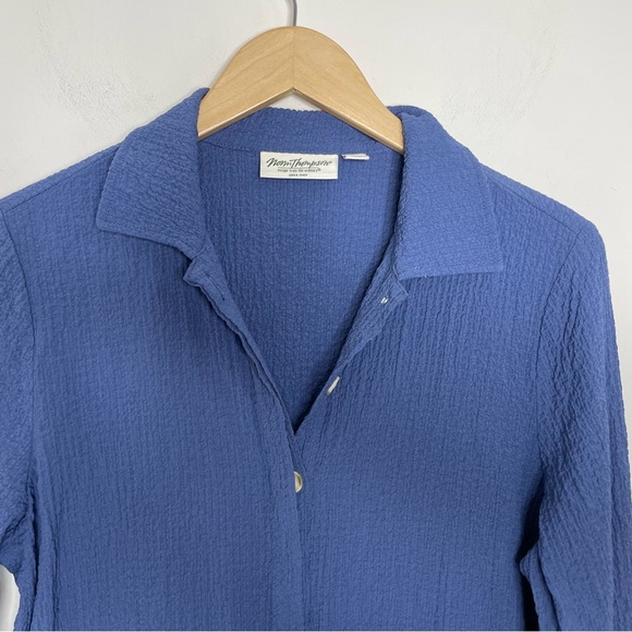 Norm Thompson Button Up Tunic Shirt Women's L Large Blue Textured Long Sleeves - Picture 13 of 14